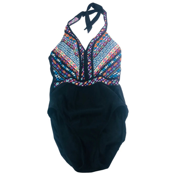 Womens Halter Tie One Piece Swimsuit Deep Neckline Tribal Multicolor Medium - Picture 1 of 5